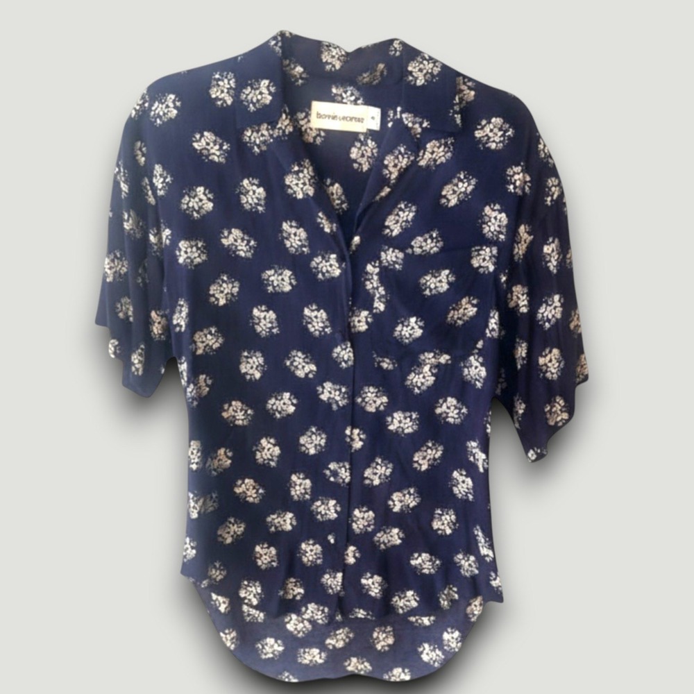 Bonnie & Norma Blouse Womens 4 Navy Blue Floral Button USA Retro, Cottagecore - Picture 3 of 6
